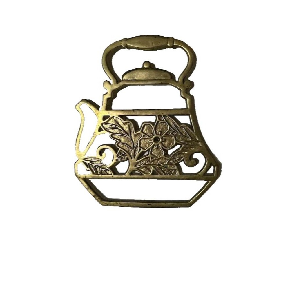 Vntg Crowning Touch Brass Tea Kettle Center Floral Design Trivet Cottagecore